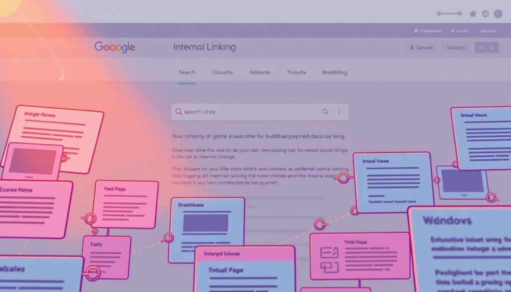 A vibrant, well-designed webpage with a visually engaging internal linking structure. In the foreground, a series of interconnected web pages with clear anchor text, creating a cohesive navigation experience. The middle ground features a search bar and breadcrumbs, facilitating intuitive user exploration. In the background, a subdued yet professional color palette, with clean typography and subtle shadows, conveying a sense of authority and expertise. Warm, indirect lighting casts a soft glow, emphasizing the intuitive flow of the page layout. The overall composition suggests a website that prioritizes user experience and content discoverability, reflecting the article's focus on building brand authority through strategic internal linking.