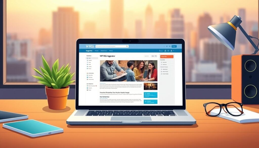 A vibrant, well-lit desktop scene showcasing the WP RSS Aggregator WordPress plugin. In the foreground, the plugin's clean and intuitive interface is displayed on a sleek, modern laptop. The laptop is positioned atop a wooden desk, surrounded by minimalist office accessories. In the middle ground, a potted plant and a pair of designer eyeglasses add a touch of natural elegance. The background features a softly blurred cityscape, suggesting a productive and inspirational work environment. The overall composition conveys a sense of professionalism, efficiency, and the power of the WP RSS Aggregator tool to streamline content curation for brands.