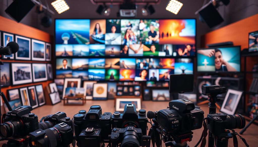 A vibrant, well-lit studio space showcasing a diverse array of photographs and videos. In the foreground, a variety of high-quality digital cameras, lenses, and accessories are neatly arranged, suggesting the tools needed to capture memorable moments. The middle ground features an assortment of framed photos, each offering a unique perspective, texture, and mood. In the background, a large display screen projects a dynamic slideshow of captivating video clips, their vivid colors and fluid movements drawing the viewer's attention. The overall scene conveys a sense of creativity, professionalism, and the endless possibilities of visual storytelling through photography and videography.