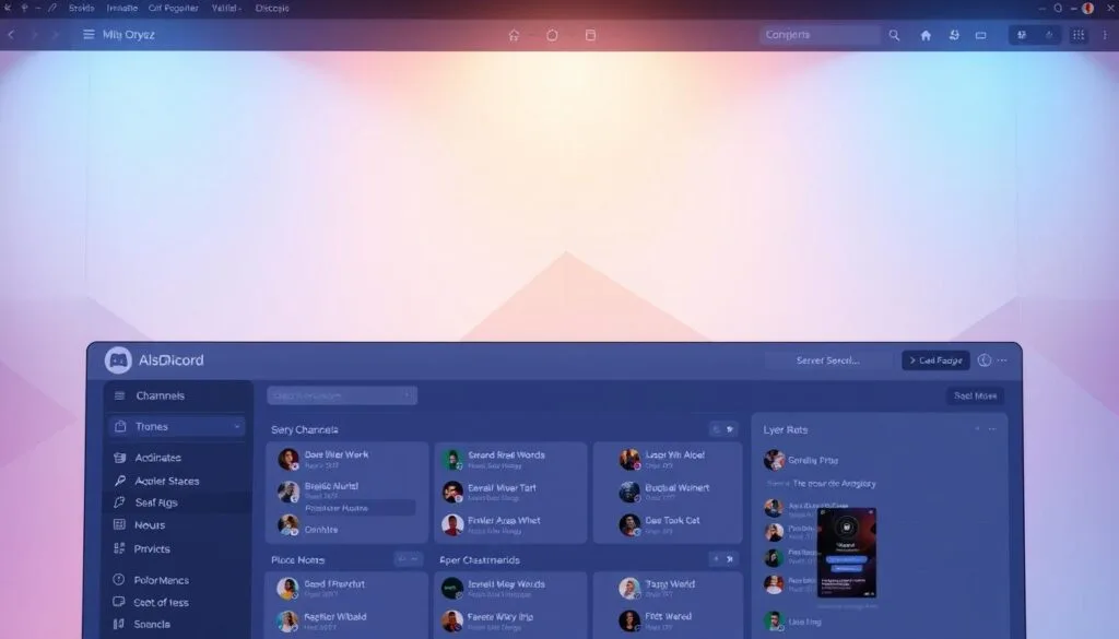 A vibrant, well-organized Discord server with a modern, minimalist aesthetic. The foreground showcases a clean, intuitive interface with neatly arranged channels, roles, and user icons. The middle ground features a central server banner, accented with a subtle gradient and muted geometric patterns. The background subtly blends a soft, gradient-based color scheme with delicate, abstract shapes that create a sense of depth and digital elegance. Lighting is balanced, with a warm, inviting glow that highlights the server's functionality and cohesive design. The overall mood conveys a professional, community-driven atmosphere that encourages active engagement. A vibrant, well-organized Discord server with a modern, minimalist aesthetic. The foreground showcases a clean, intuitive interface with neatly arranged channels, roles, and user icons. The middle ground features a central server banner, accented with a subtle gradient and muted geometric patterns. The background subtly blends a soft, gradient-based color scheme with delicate, abstract shapes that create a sense of depth and digital elegance. Lighting is balanced, with a warm, inviting glow that highlights the server's functionality and cohesive design. The overall mood conveys a professional, community-driven atmosphere that encourages active engagement.