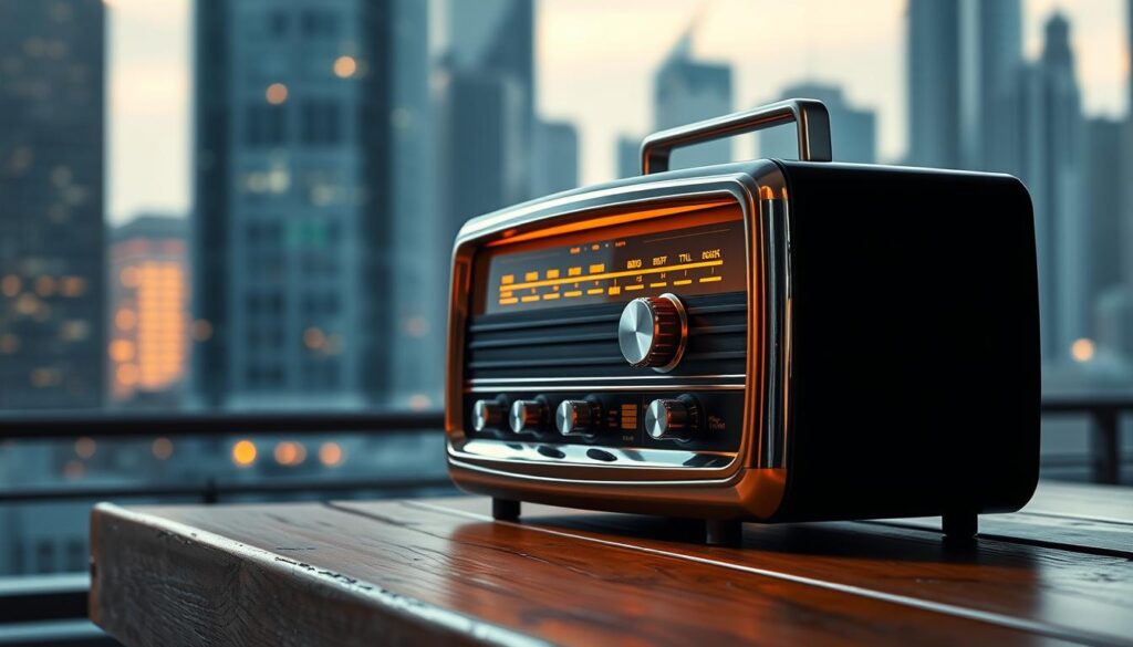 A vintage radio with a warm, analog glow sits atop a weathered wooden table. The radio's gleaming chrome accents and classic knobs and dials are bathed in soft, diffused lighting, casting subtle shadows that add depth and texture. In the background, a blurred cityscape with towering skyscrapers hints at the radio's enduring role in the ever-evolving world of audio entertainment. The overall atmosphere evokes a sense of nostalgia and the timeless appeal of radio, even as digital streaming technologies continue to rise in prominence.
