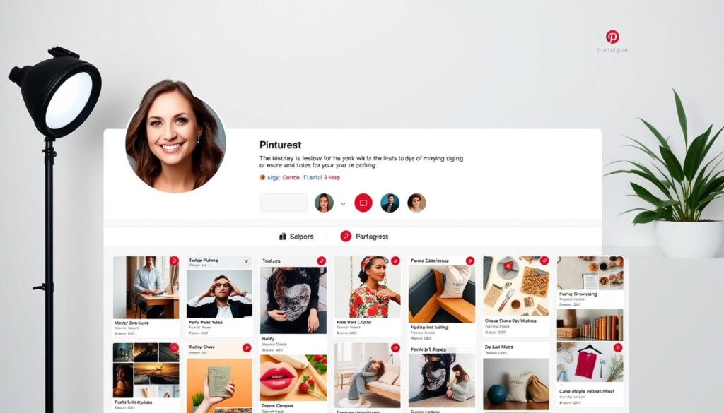 A visually appealing and professional-looking Pinterest business profile, featuring a clean and modern design. The profile image is a high-quality headshot of a business owner or entrepreneur, presented in a flattering lighting setup with a softbox or ring light. The profile header showcases the company's branding, including a sleek logo and a concise, impactful business description. The layout is well-organized, with strategic use of whitespace and a harmonious color palette. The profile showcases a selection of the business's best content, pinned in an eye-catching grid arrangement. The overall atmosphere conveys a sense of authority, trustworthiness, and a commitment to providing value to the target audience.