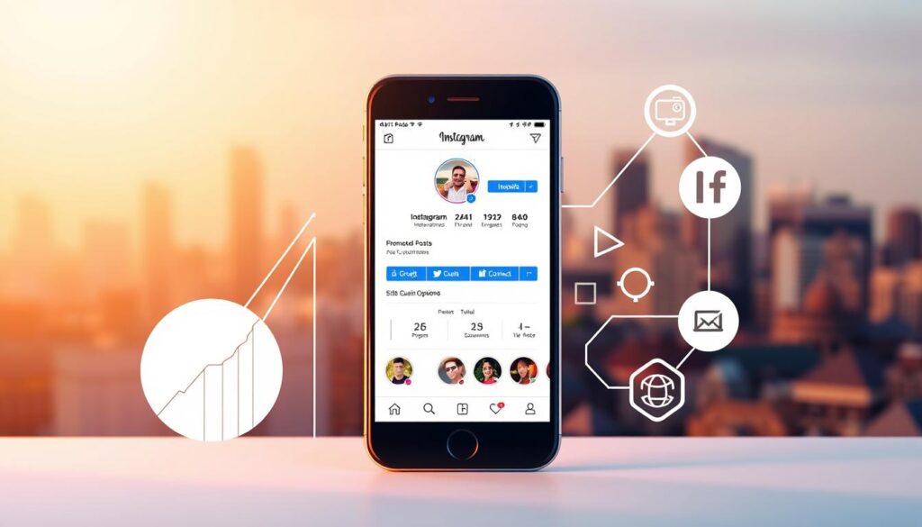 A visually engaging illustration of the benefits of an Instagram Business Profile. A sleek, modern composition with a clean, minimalist aesthetic. In the foreground, a stylized smartphone displaying an Instagram profile page, showcasing features like Insights, Promoted Posts, and Contact Options. In the middle ground, abstract geometric shapes and icons representing growth, engagement, and customer connections. The background features a soft, blurred cityscape, suggesting the global reach and impact of an effective Instagram presence. Warm, gentle lighting casts a professional, aspirational tone. The overall mood is one of digital savvy, business success, and the power of social media marketing.