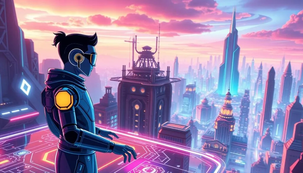 A visually striking, futuristic design concept showcasing an immersive, avatar-driven virtual world.