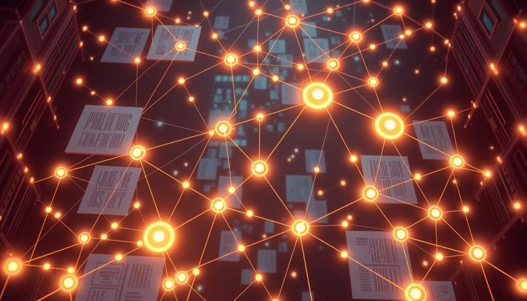 A visually striking illustration of interconnected web pages, showcasing the intricate network of internal links that drive online relevance. Crisp architectural lines and glowing energy fields highlight the pathways between content, conveying the complex yet organized structure of a well-designed website. Warm lighting casts a soft glow, creating an inviting and informative atmosphere that visually communicates the importance of internal linking for search engine optimization. Composed from a bird's-eye perspective, the image emphasizes the clarity and coherence of the site's information architecture, guiding the viewer through the essential elements of effective on-site navigation.