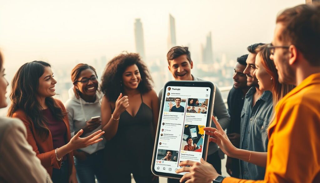 A visually striking image of successful brand engagement strategies on the social media platform Threads. In the foreground, a group of vibrant, diverse social media influencers deeply engaged in lively discussions, gesturing animatedly. In the middle ground, a sleek, modern Threads interface, with content cards showcasing compelling visual assets and captivating captions. In the background, a minimalist, futuristic cityscape, hinting at the global reach and impact of effective Threads campaigns. Warm, diffused lighting casts a sense of energy and optimism, while a slightly low camera angle emphasizes the dynamism and momentum of the scene. The overall mood is one of collaboration, creativity, and community, capturing the essence of successful brand engagement on the Threads platform.