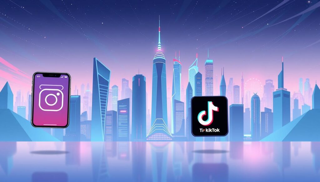 A visually striking image of various social media-like platforms against a backdrop of an abstract, futuristic cityscape. In the foreground, clean-lined digital interfaces resembling Instagram, Twitter, and TikTok displays float in a serene, minimalist space. The middle ground features skyscrapers and architectural structures with sleek, angular designs, emanating a sense of technological advancement. The background showcases a vibrant, neon-lit skyline, evoking a vision of a bustling, interconnected digital world. The overall composition conveys a harmonious balance between the individual platforms and the larger technological landscape they inhabit, reflecting the "from social snippets to subscriptions" theme.