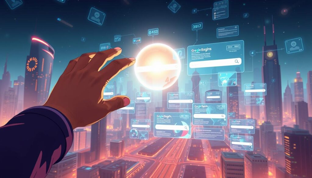 A visually striking scene depicting the future of search. In the foreground, a person's hand reaches towards a glowing sphere of light, representing the seamless integration of voice and visual search. The middle ground features an array of digital interfaces and devices, each displaying dynamic search results tailored to the user's preferences and context. The background showcases a cityscape of the future, with skyscrapers and holograms that hint at the pervasiveness of advanced search technologies in everyday life. The scene is bathed in a warm, futuristic glow, conveying a sense of wonder and technological progress. Cinematic lighting and a high-quality camera lens create a sense of depth and realism.
