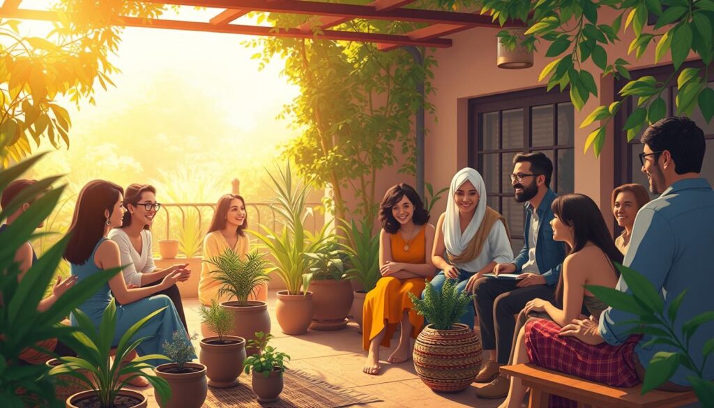 A warm, vibrant community gathering in a cozy, sun-dappled courtyard. In the foreground, a group of diverse individuals engaged in lively conversation, their faces alight with joy and connection. The middle ground features an array of potted plants, woven rugs, and wooden benches, creating a welcoming and intimate atmosphere. In the background, the soft, diffused light filters through lush greenery, casting a golden glow over the scene. The overall composition conveys a sense of belonging, collaboration, and the nourishing power of shared spaces.