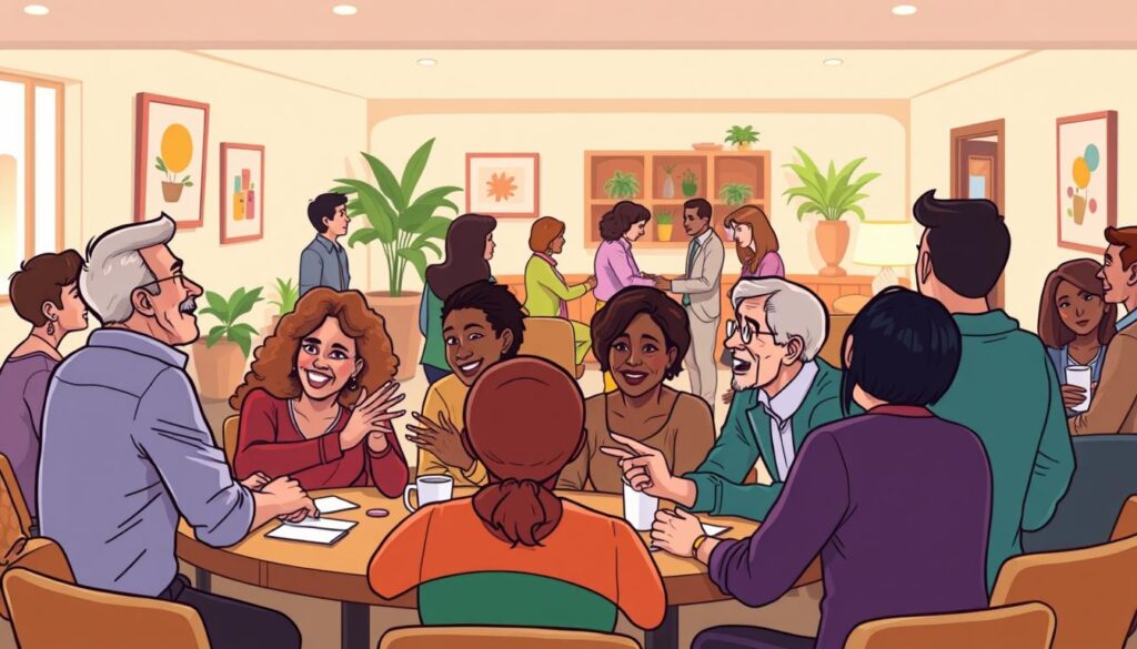 A warm, welcoming community gathering, with diverse individuals engaged in lively conversations, sharing ideas and building connections. The foreground features a group of people sitting around a table, leaning in, making eye contact and gesturing animatedly. The middle ground shows others mingling, shaking hands and exchanging business cards. In the background, a cozy, well-lit space with comfortable seating, artwork on the walls, and potted plants, creating an atmosphere of trust and openness. Soft, natural lighting illuminates the scene, conveying a sense of positivity and collaboration. The overall mood is one of inclusivity, understanding, and the power of human interaction to foster meaningful relationships.