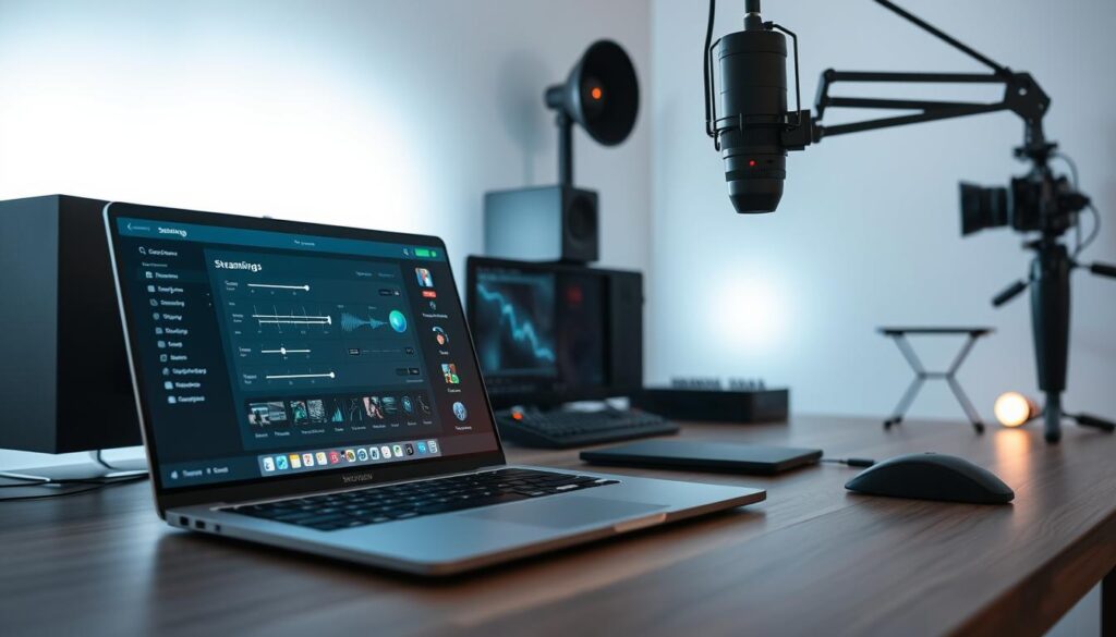 A well-lit and detailed desk setup with a computer, gaming peripherals, and a streaming microphone. The foreground features an open laptop displaying a streaming software interface with customizable settings and options. The middle ground showcases various control panels, sliders, and buttons for adjusting audio, video, and overlay settings. The background depicts a clean, minimalist home office environment with soft lighting and subtle camera equipment visible. The overall atmosphere conveys a professional, streamlined, and technology-focused setting.