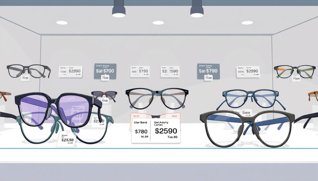 A well-lit display showcasing a range of stylish yet practical smart glasses in the foreground, highlighting their sleek frames, advanced lenses, and sophisticated design. In the middle ground, a diverse array of price tags and cost indicators, allowing viewers to assess the value and accessibility of these cutting-edge accessories. The background features a clean, minimalist setting, emphasizing the focus on the products and their pricing. The overall atmosphere conveys a sense of thoughtful consideration, helping the viewer envision how these smart glasses might fit their budget and personal style.