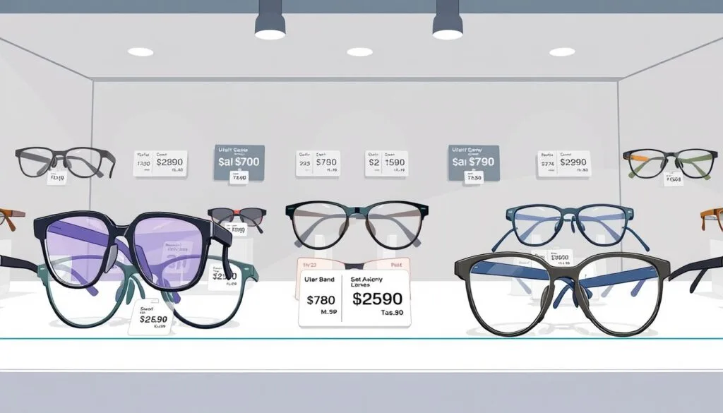 A well-lit display showcasing a range of stylish yet practical smart glasses in the foreground, highlighting their sleek frames, advanced lenses, and sophisticated design. In the middle ground, a diverse array of price tags and cost indicators, allowing viewers to assess the value and accessibility of these cutting-edge accessories. The background features a clean, minimalist setting, emphasizing the focus on the products and their pricing. The overall atmosphere conveys a sense of thoughtful consideration, helping the viewer envision how these smart glasses might fit their budget and personal style.