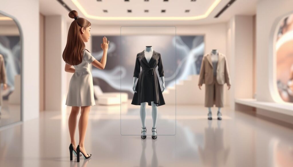 A well-lit, high-fidelity 3D rendering of a virtual try-on scenario. In the foreground, a photorealistic model wearing a stylish dress or pair of shoes, dynamically interacting with a virtual mirror or display. The middle ground features a clean, minimalist interior with a neutral color palette, accentuating the focal point. The background subtly blurs into an abstract, futuristic environment, evoking a sense of technological innovation. Carefully crafted lighting creates depth and dimension, highlighting the textures and materials of the virtual garments. The overall scene conveys a seamless, immersive experience of virtually trying on fashion items.