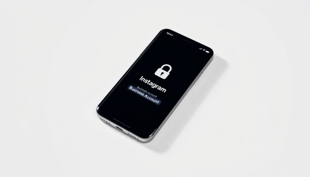 A well-lit, high-resolution photograph of a sleek, modern smartphone displaying the Instagram login screen on a plain white background. The screen shows a security lock icon and the words "Instagram Business Account" prominently displayed. The phone is positioned at a slight angle, casting soft shadows that create depth and dimension. The overall scene conveys a sense of security, professionalism, and attention to detail, reflecting the importance of safeguarding an Instagram business account.