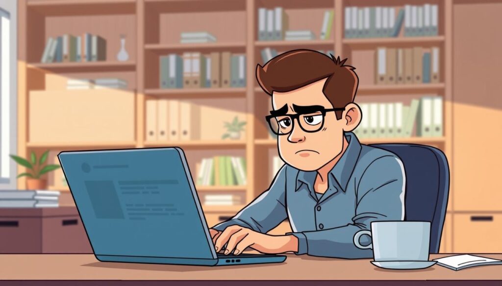 A well-lit, modern office scene with a large wooden desk and bookshelf in the background. On the desk, a laptop, a stack of papers, and a mug of coffee. In the foreground, a person sitting at the desk, intently reviewing product reviews on their laptop screen. Their expression is one of focused concentration, with a slight frown as they carefully analyze the information. The lighting is soft and natural, creating a warm, professional atmosphere. The overall mood is one of thoughtful contemplation and a desire to thoroughly understand the consumer feedback.