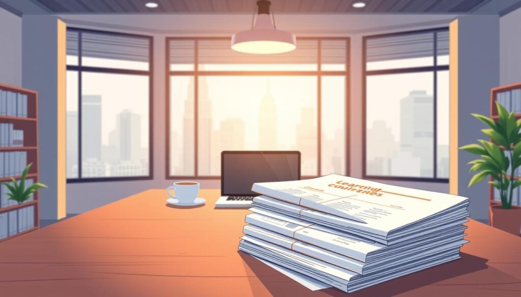 A well-lit office space with a clean, minimalist aesthetic. In the foreground, a neatly arranged stack of learning briefs and papers on a modern, wooden desk. The briefs have a clean, professional design with subtle patterns and accents. In the middle ground, a laptop and a cup of coffee sit alongside the briefs, suggesting a productive work environment. The background features large windows overlooking a cityscape, bathing the scene in a warm, natural light. The overall mood is one of focused, intentional learning and curation, perfect for an L&D team seeking to discover the top content curation tools.