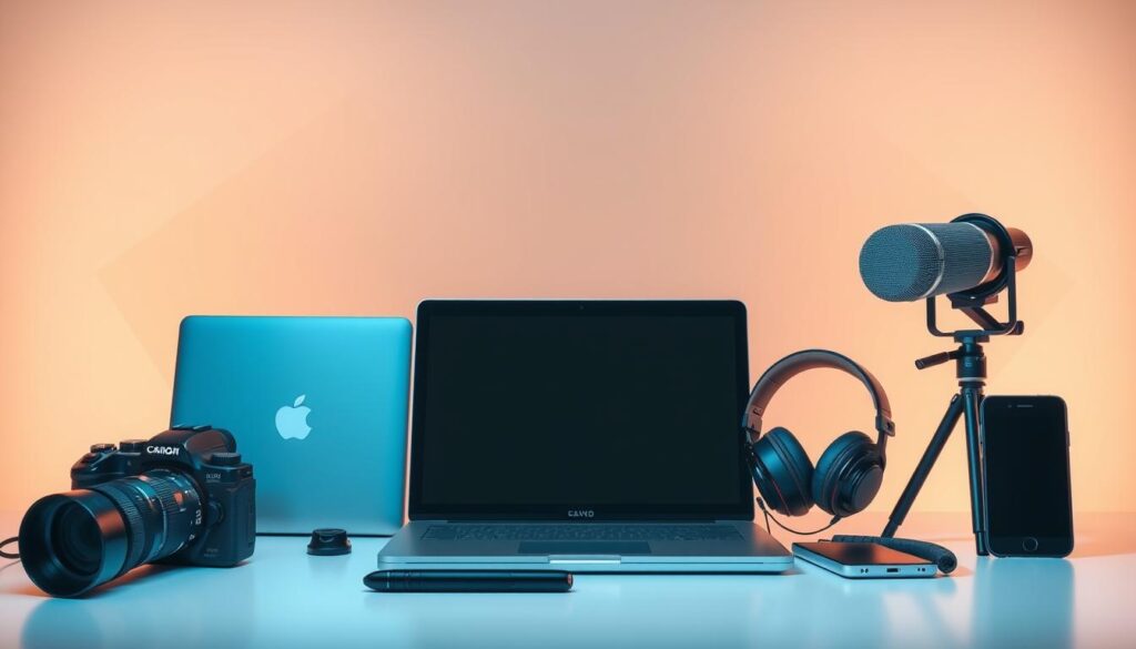 A well-lit still life composition featuring an assortment of essential digital content creation tools. In the foreground, a high-quality professional camera, a sleek laptop, and a compact microphone stand out against a soft, diffused background. In the middle ground, a designer's graphics tablet, a high-end studio headset, and a modern smartphone are arranged in a purposeful manner. The background is filled with subtle geometric shapes, evoking a sense of technology and innovation. The lighting is carefully balanced, creating depth and highlighting the textures and details of the various devices. The overall mood is one of efficiency, productivity, and the seamless integration of digital tools to empower the modern content creator.