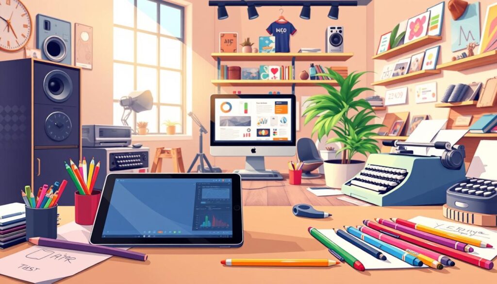 A well-lit studio workspace showcasing an array of personalization tools. In the foreground, a sleek tablet, stylus, and design software interface, hinting at the power of digital customization. Complementing these, an assortment of analog implements - colorful pens, a sketchpad, and a tactile typewriter - symbolizing the fusion of traditional and modern personalization techniques. The middle ground features a desktop computer, its screen displaying visualizations and analytics, underscoring the data-driven nature of personalized content. In the background, shelves hold personalized items, from custom-printed merchandise to artisanal crafts, reflecting the diverse toolkit for tailoring experiences. The overall atmosphere conveys a sense of creative exploration and the synergy between human and artificial intelligence in the pursuit of personalization.