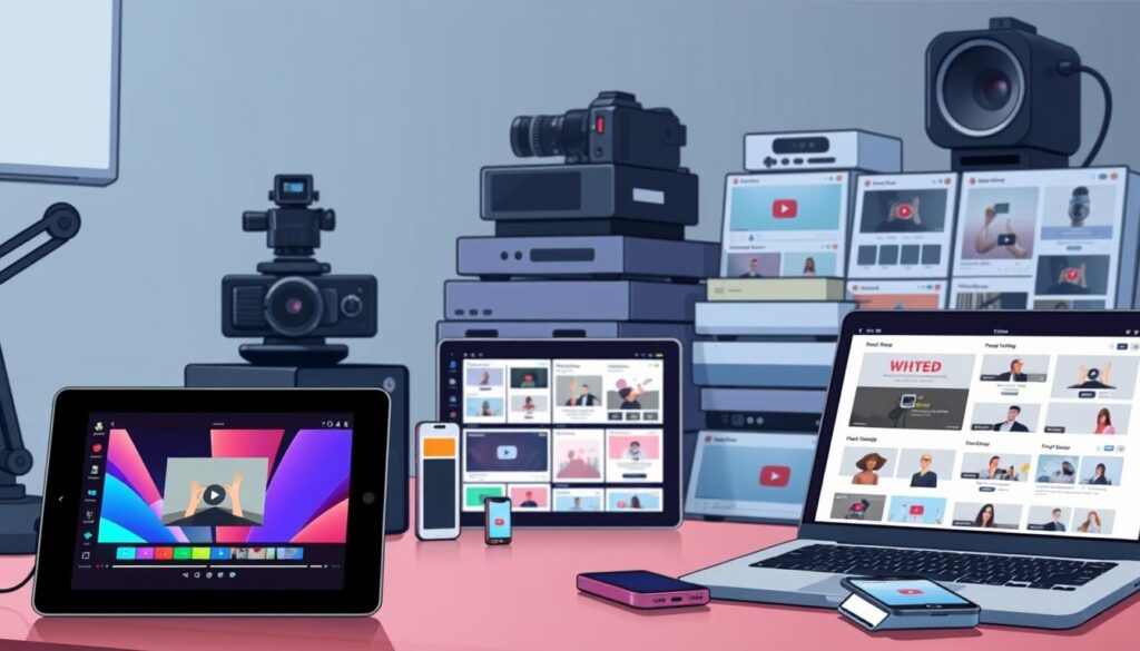 A workspace with an array of digital tools and templates for rapid video content creation. In the foreground, a tablet displays a mobile video editing interface, its screen glowing with a vibrant, modern color palette. In the middle ground, a laptop showcases a collection of customizable video templates, each with a unique style and layout. The background features an organized stack of electronic devices - smartphones, cameras, and other multimedia peripherals - all poised to capture and transform ideas into short-form video content. Soft, directional lighting illuminates the scene, creating a sense of focus and professionalism. The overall atmosphere conveys efficiency, creativity, and the seamless integration of technology to empower video creators.