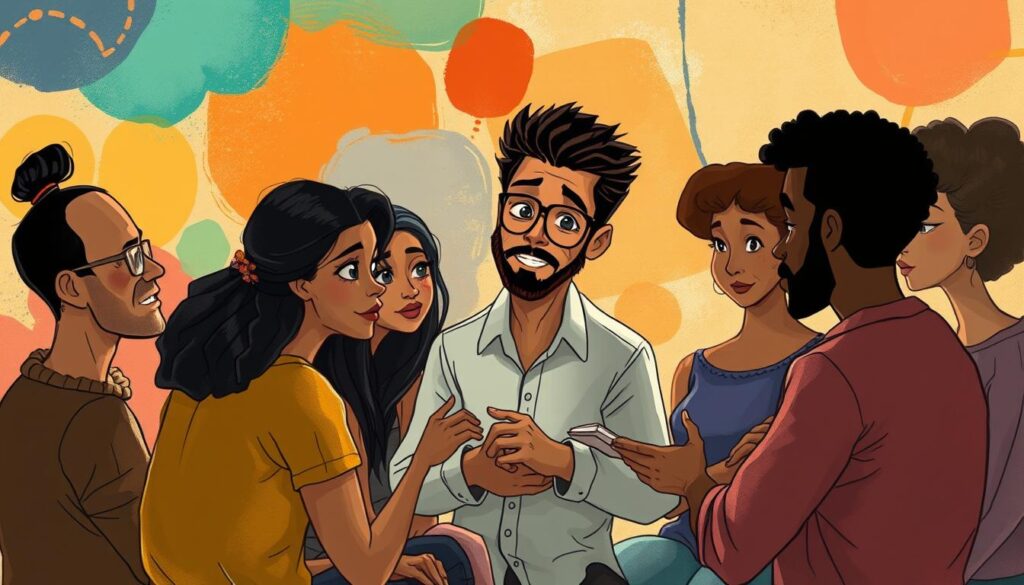 An intimate gathering of diverse characters engaged in thoughtful discussion, set against a vibrant backdrop of abstract shapes and patterns. Soft, diffused lighting casts a contemplative glow, while a sense of depth and perspective draws the viewer into the scene. The figures, rendered in a painterly style, convey a palpable energy of collaborative storytelling, with subtle body language and expressive gestures. The overall composition strikes a balance between the individual narratives and the collective creative process, embodying the essence of visual storytelling.