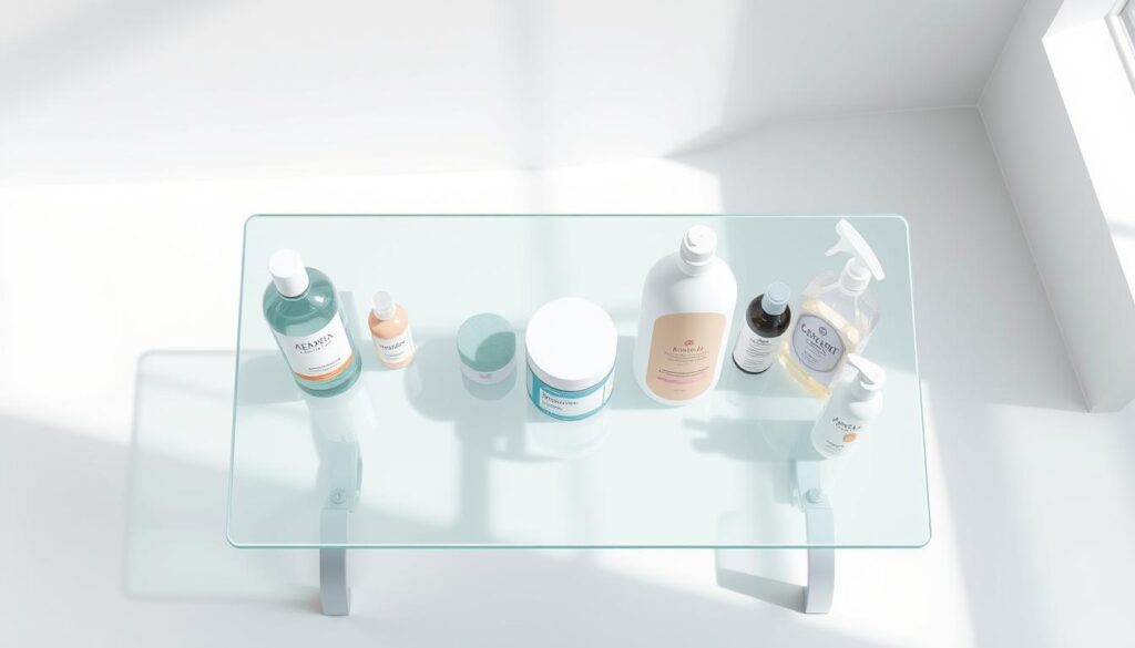 An overhead view of a transparent glass tabletop showcasing various consumer products in a minimalist, well-lit studio setting. The foreground features a selection of everyday items such as a shampoo bottle, a skincare jar, and a cleaning solution, all with their labels and contents clearly visible. The middle ground shows the products arranged in a symmetrical, visually appealing composition, with subtle shadows casting a sense of depth. The background is a plain, white wall, creating a clean and uncluttered environment that emphasizes the transparency and honesty of the displayed items. The lighting is soft and diffused, accentuating the clarity and attention to detail of the products. An atmosphere of openness, trust, and authenticity pervades the scene.