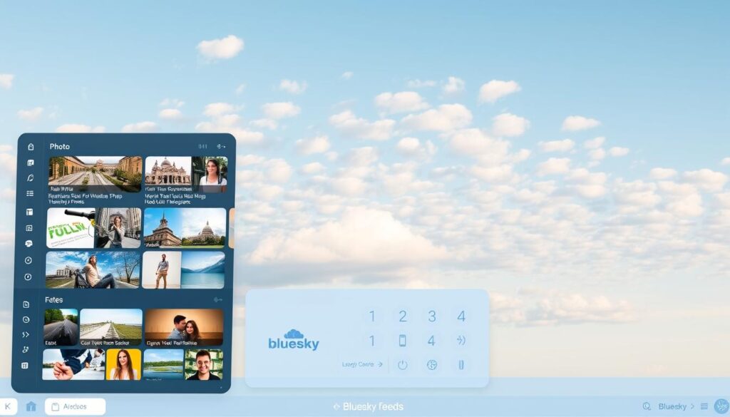 Bluesky Feeds - a vibrant, customizable interface against a serene backdrop. In the foreground, a clean, minimalist design showcases various content tiles, each with a distinctive style and layout. The middle ground features an array of intuitive controls, allowing users to tailor their experience. In the background, a tranquil, cloud-dotted sky sets the mood, conveying a sense of openness and freedom. Soft, natural lighting illuminates the scene, creating a calming and inviting atmosphere. The overall composition strikes a balance between functionality and aesthetic appeal, inviting the viewer to immerse themselves in the personalized Bluesky experience.