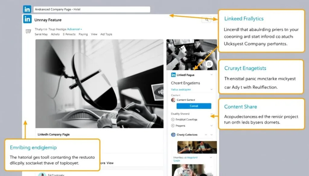 Create an image of a LinkedIn Company Page with various advanced features highlighted. Create an image of a LinkedIn Company Page with various advanced features highlighted.