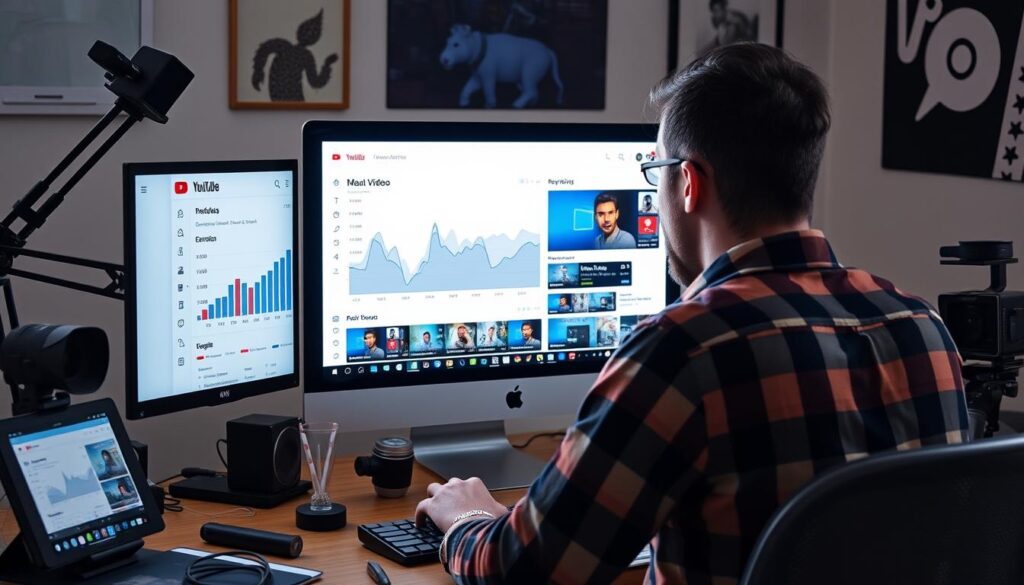 Create an image of a YouTube creator optimizing their video for search