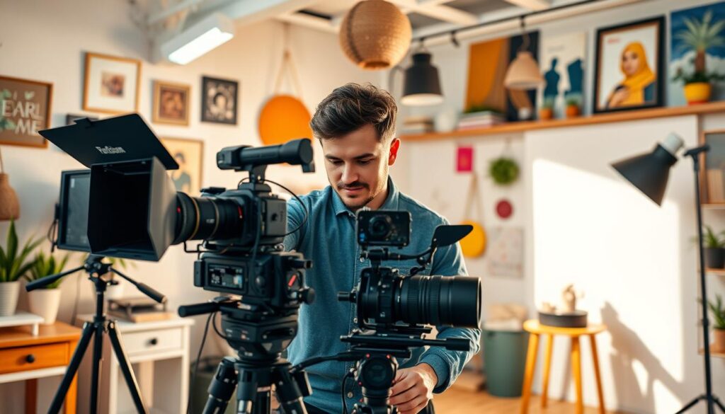 Create an image of a YouTube creator setting up their equipment