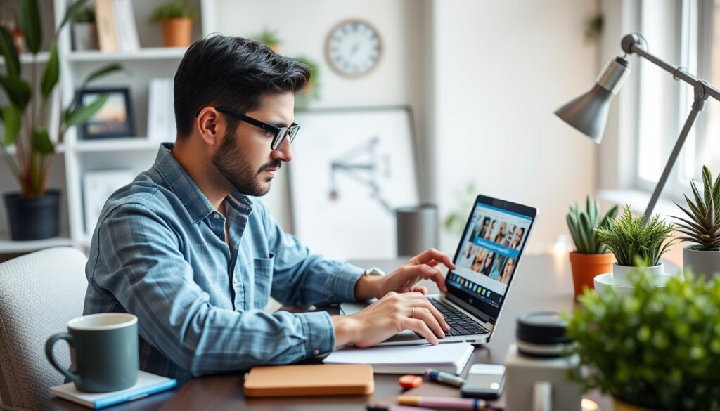 Create an image of a business owner setting up a new Instagram business account on their laptop