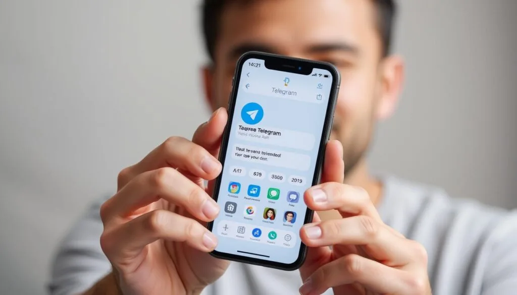 Create an image of a person holding a smartphone with the Telegram app open on the screen. Create an image of a person holding a smartphone with the Telegram app open on the screen.