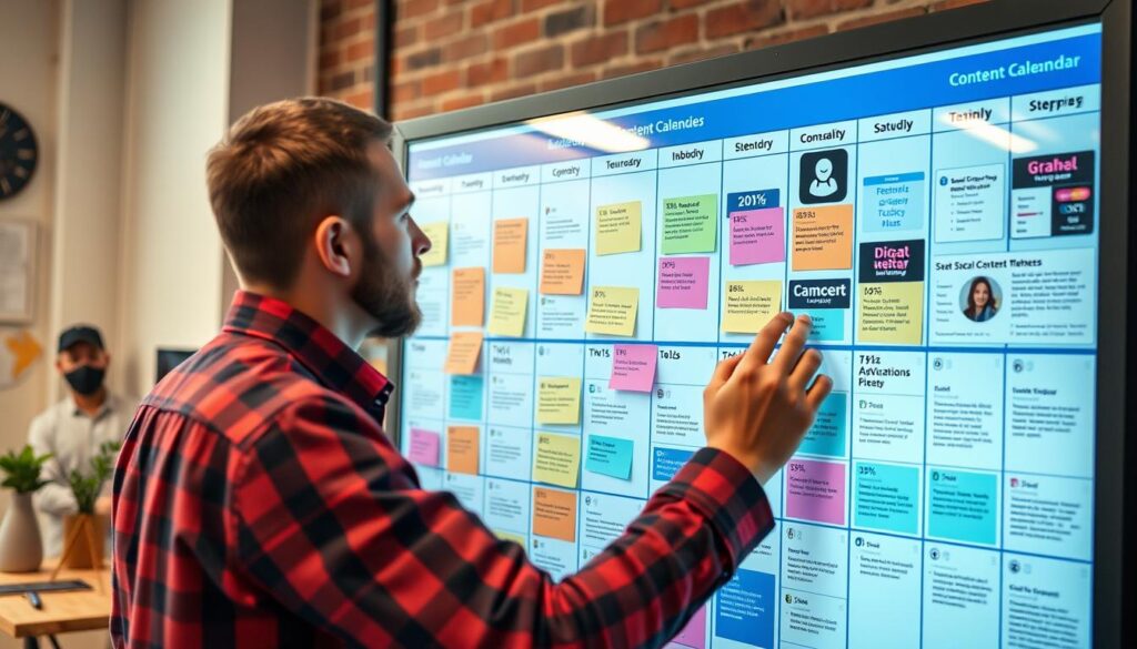 Create an image of a person planning a content calendar on a large board with various social media posts and engagement metrics.
