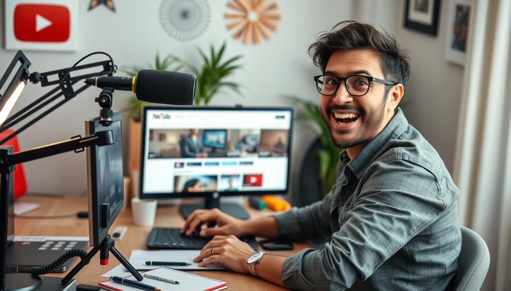 Create an image of a person setting up a YouTube channel on their computer