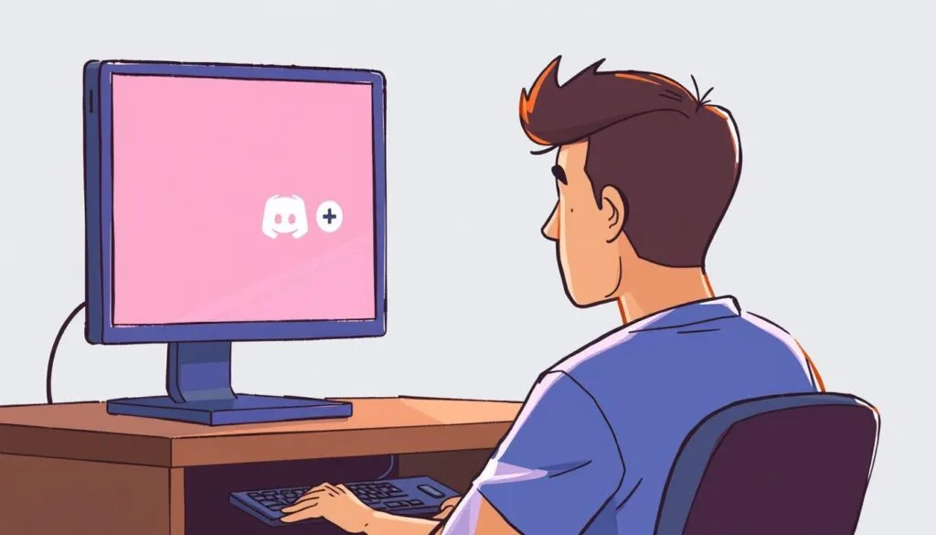 Create an image of a person sitting in front of a computer with the Discord app open on the screen, clicking on the "+" icon to create a new server. Create an image of a person sitting in front of a computer with the Discord app open on the screen, clicking on the "+" icon to create a new server.