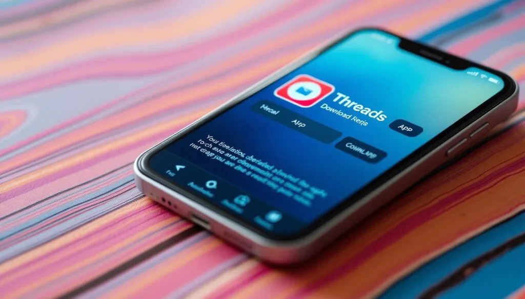 Create an image of a smartphone screen showing the Threads app download page. Create an image of a smartphone screen showing the Threads app download page.