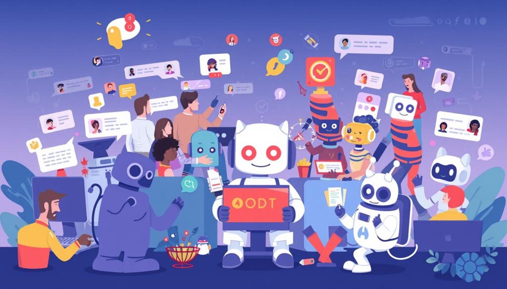 Generate an image of a Discord server with various bots in action.