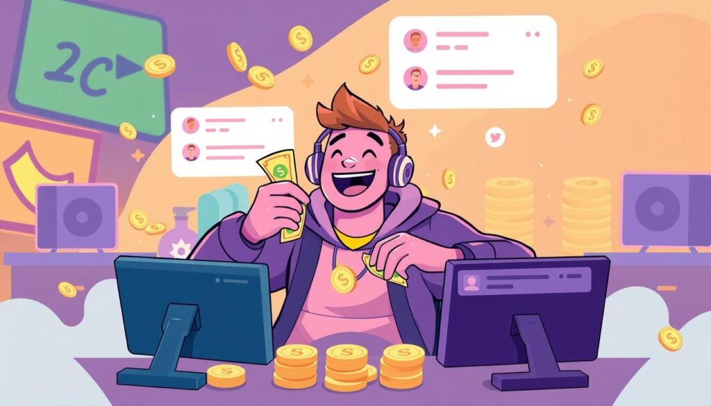 Generate an image of a Twitch streamer earning money from their channel.