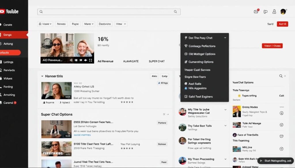 Generate an image of a YouTube creator's dashboard with monetization features visible