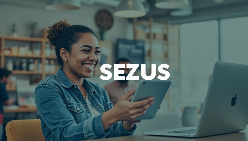 Generate an image of a business owner happily managing their online community with Sez Us.