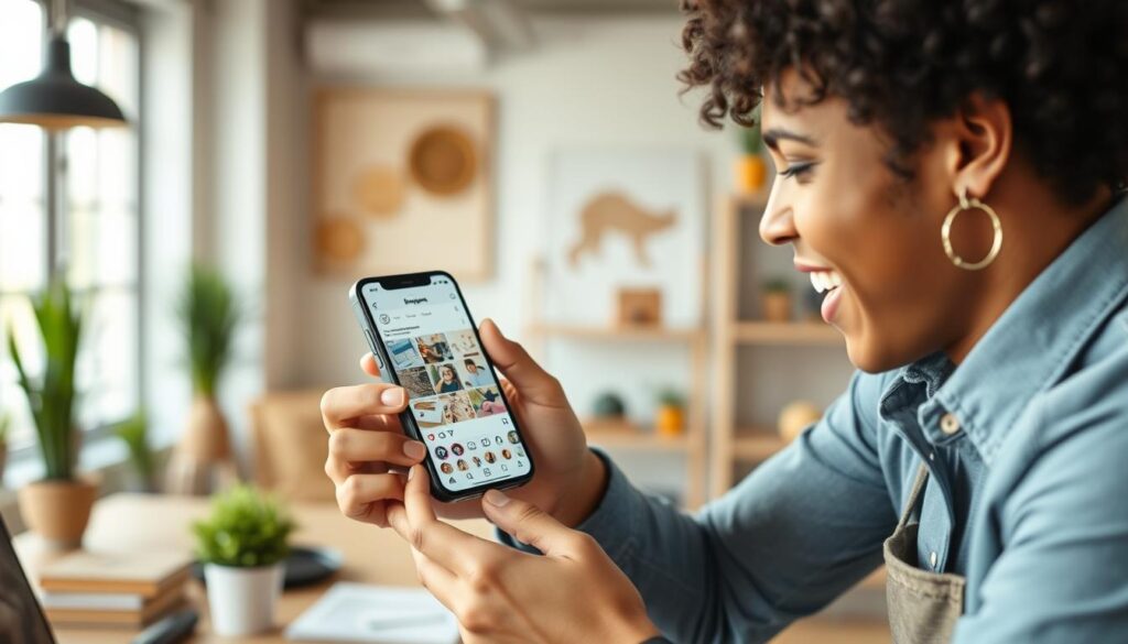 Generate an image of a business owner setting up Instagram Shopping on their mobile device.