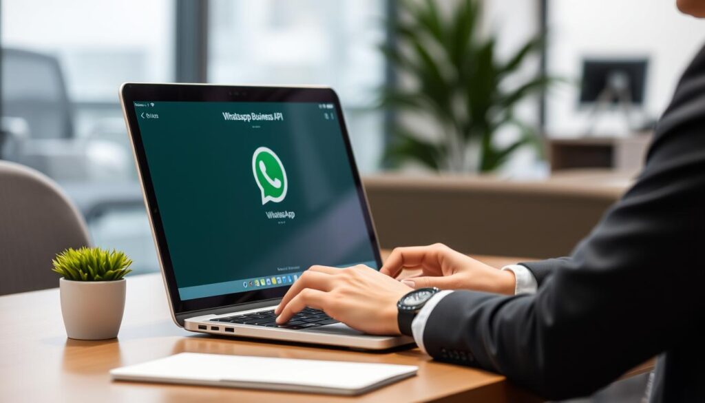 Generate an image of a business professional using a laptop with a WhatsApp Business API interface on the screen.