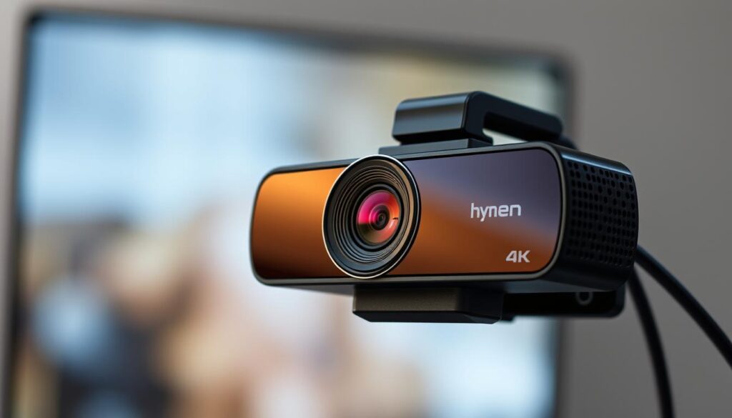 Generate an image of a high-quality webcam with advanced features like AI-powered tracking and 4K resolution.