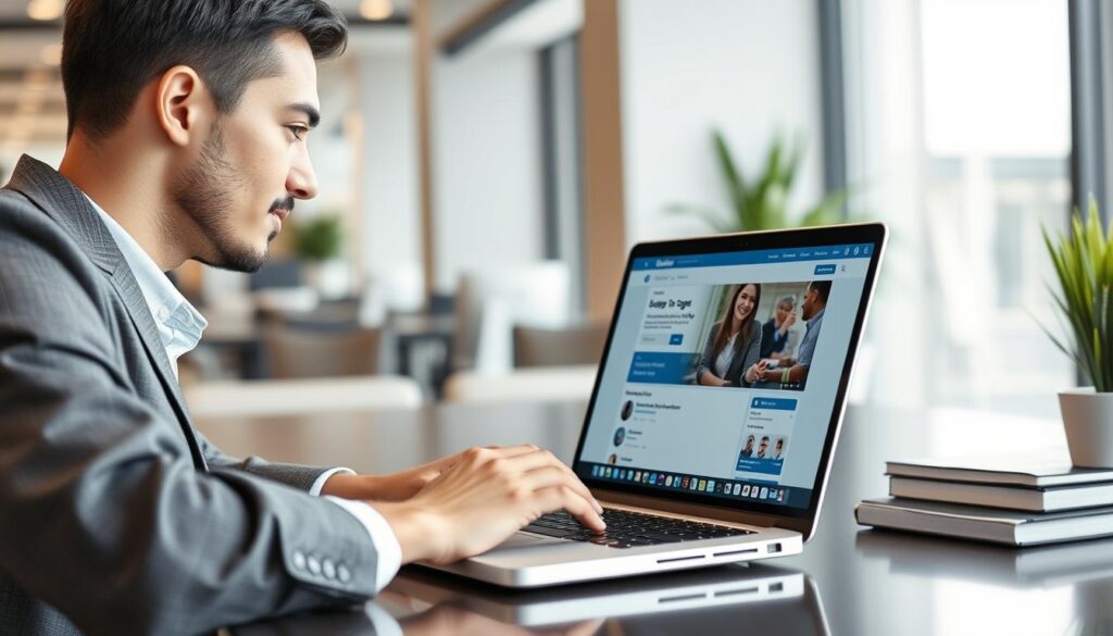 Generate an image of a person engaging with their LinkedIn Company Page on a laptop