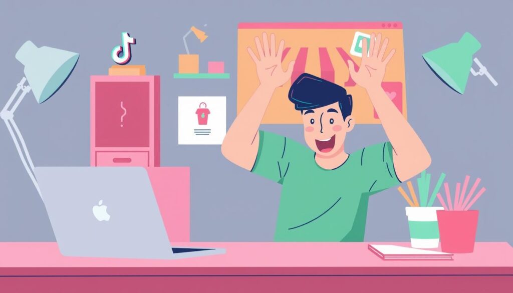 Generate an image of a person setting up a TikTok Shop on their laptop