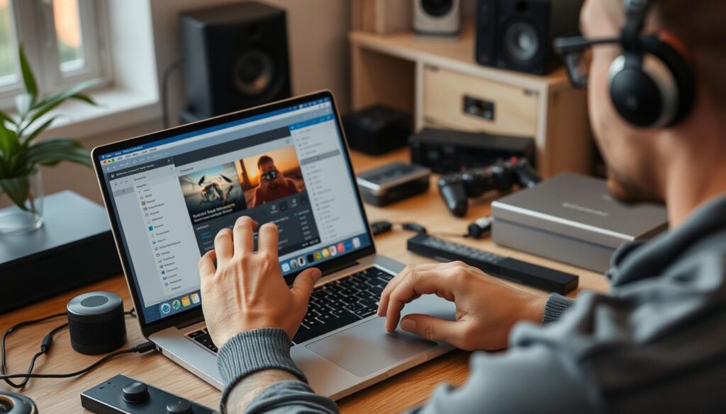 Generate an image of a person setting up streaming software on their computer.