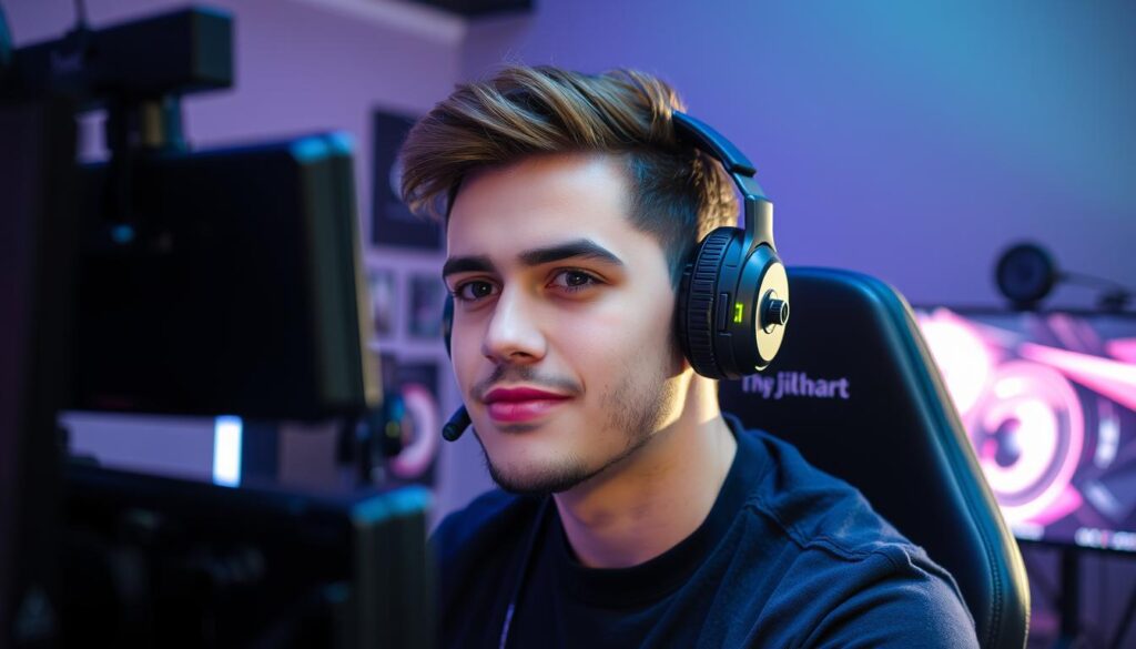 Generate an image of a well-lit Twitch streamer with a professional lighting setup.