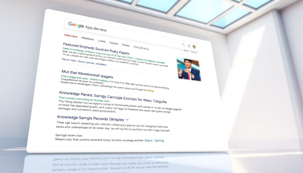 High-resolution, wide-angle, high-quality image of search engine results page (SERP) showing Google's AI-driven overview and knowledge graph features. Bright, clean, and visually appealing layout with minimal clutter. Prominent placement of key AI-powered elements like featured snippets, knowledge panels, and entity carousels. Subtle, elegant branding and typography. Crisp, high-contrast visuals with a professional, authoritative tone. Bright, natural lighting from above with a slight depth of field to draw focus. Camera positioned at eye level for an immersive, user-centric perspective.