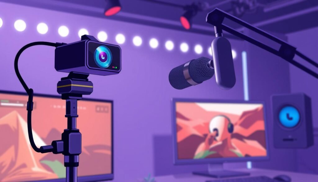 Image of a Twitch streamer setup with a high-quality webcam, microphone, and lighting.