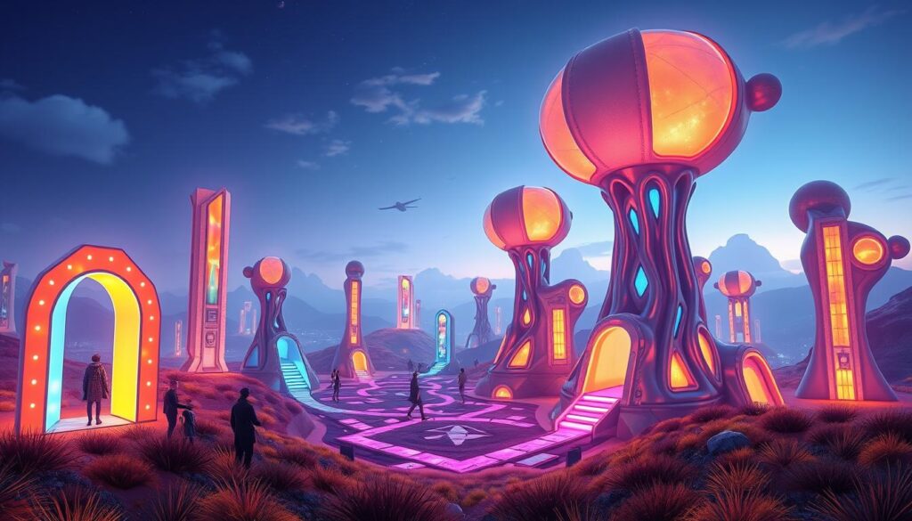 Otherworld installations: A captivating fusion of technology and art. Towering digital sculptures and interactive light displays scattered across a surreal landscape. In the foreground, luminous arches and geometric forms beckon visitors to engage, their surfaces shifting and pulsing with vibrant hues. The middle ground reveals labyrinthine pathways weaving between larger-than-life structures, their organic forms and futuristic aesthetic evoking a sense of wonder. In the background, a dreamlike skyscape paints the scene with a subtle glow, hinting at the boundless creativity and imagination that defines this techno-artistic haven.